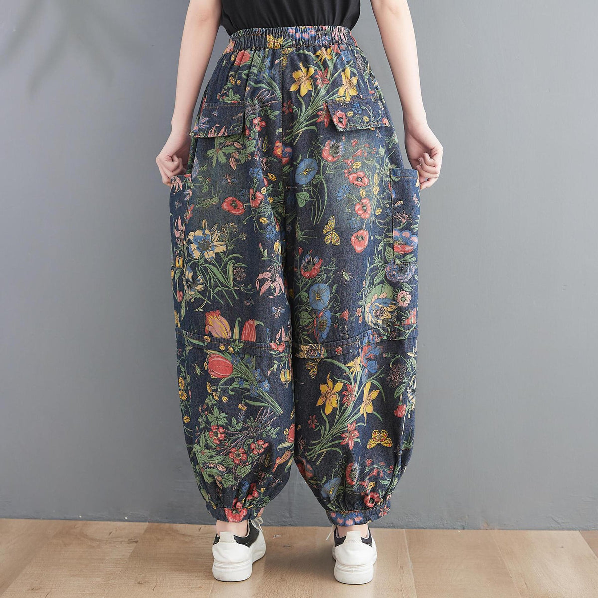 Natural Blue Cinched Print denim Pants Winter