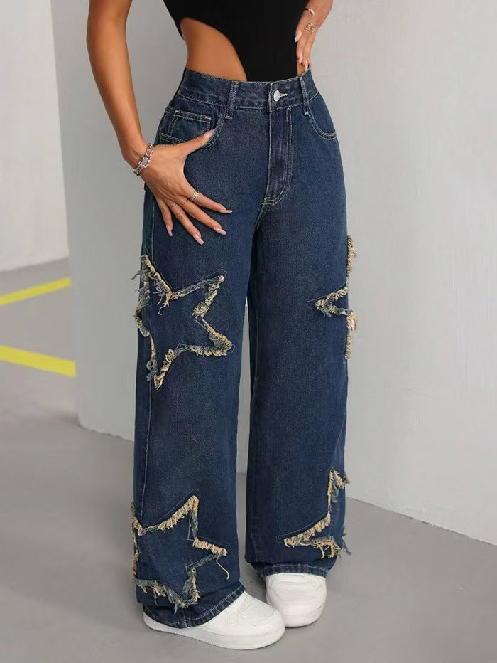 Five-pointed star tassel raw-edge loose straight-leg pants