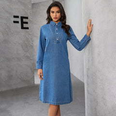 Blue Peter Pan Collar False Two Pieces Patchwork Denim Dresses Long Sleeve