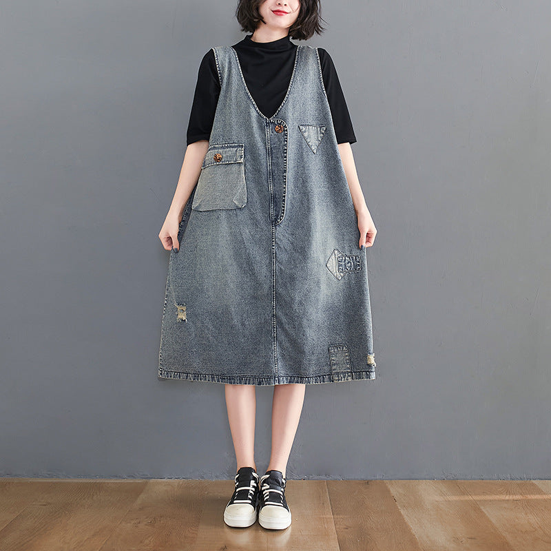 Elegant Blue V Neck Patchwork Denim Maxi Slip Dress Sleeveless