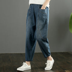 Style Blue elastic waist Pockets Cotton Denim harem Pants