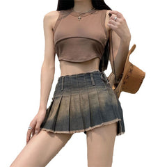 Contrast waistband pleated denim skirt