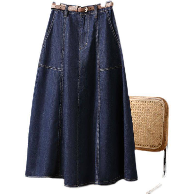 Dark Blue Denim Skirt Elastic Waist Button