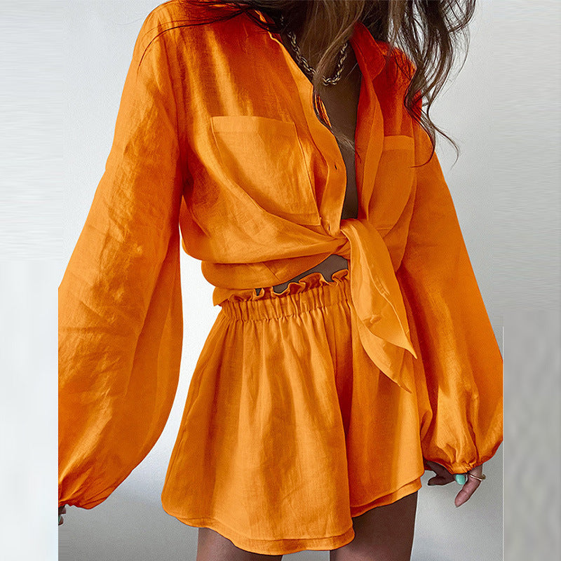 Solid Color Ruffle Shorts and Shirt Set