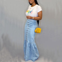 Slim Fit Light Blue High Waist Patchwork Ruffles Denim Skirts