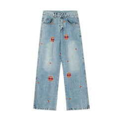 Solid color straight-leg casual jeans