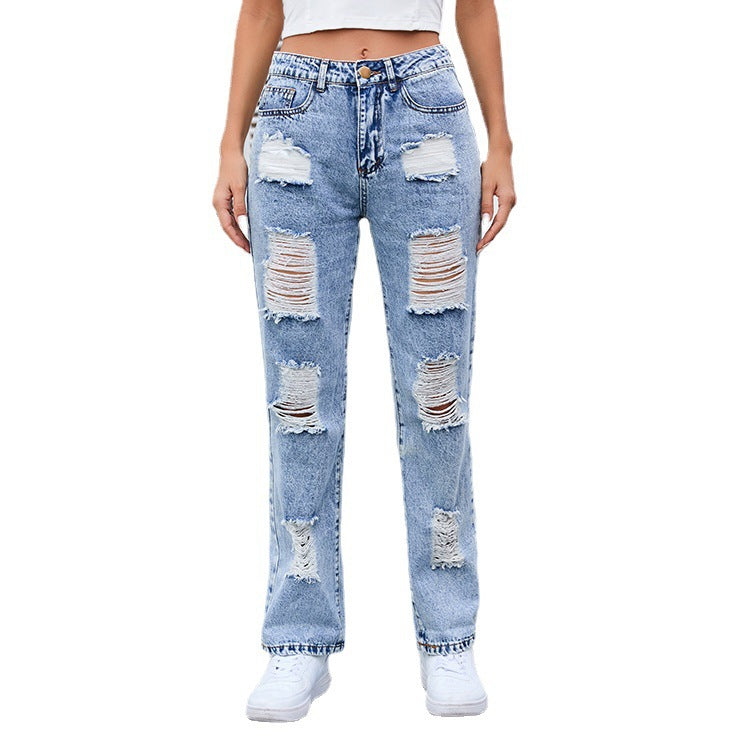 Washed Mid-Waist Ripped Jeans And Trousers