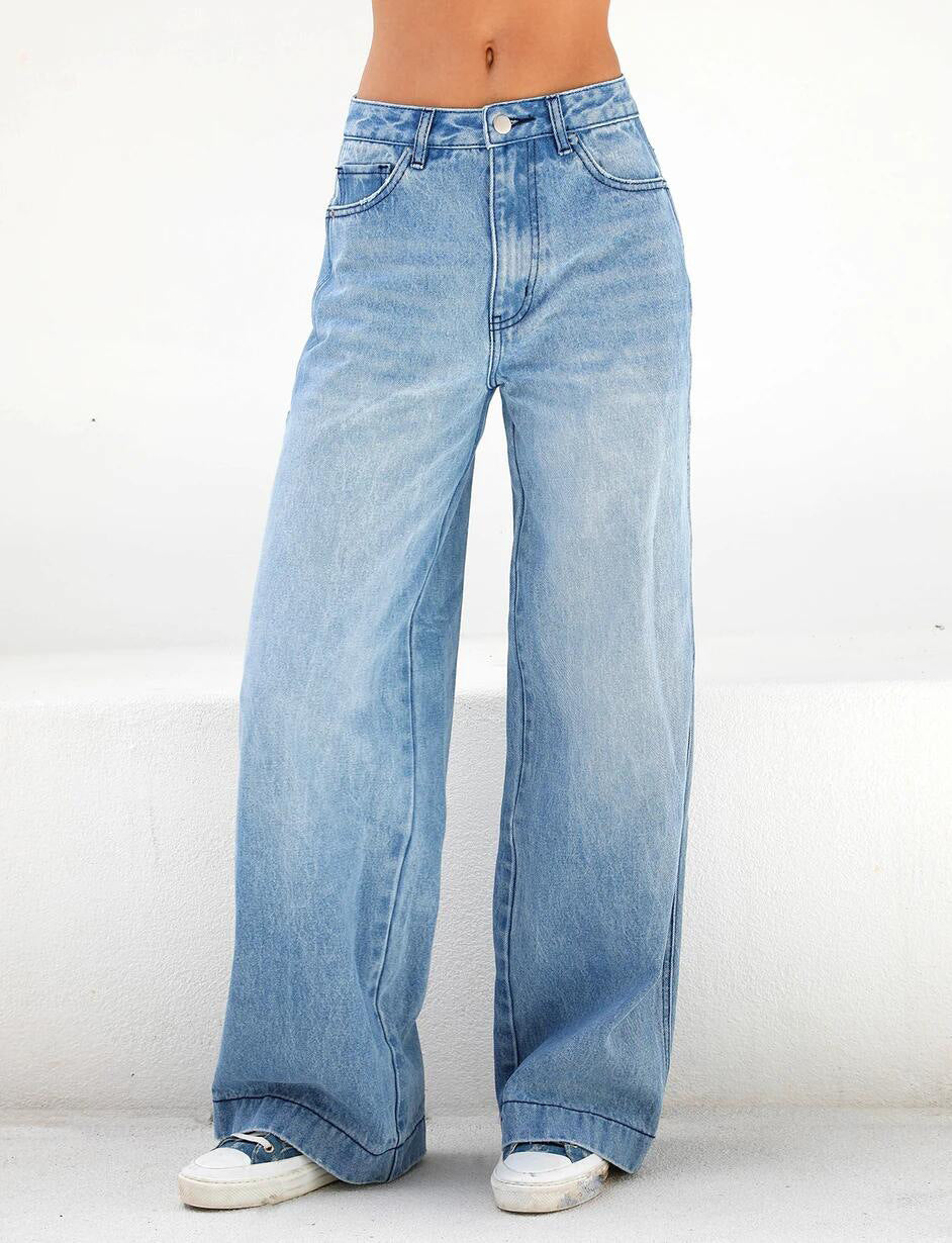 Blaue Y2K-Boyfriendjeans mit hoher Taille und weitem Bein