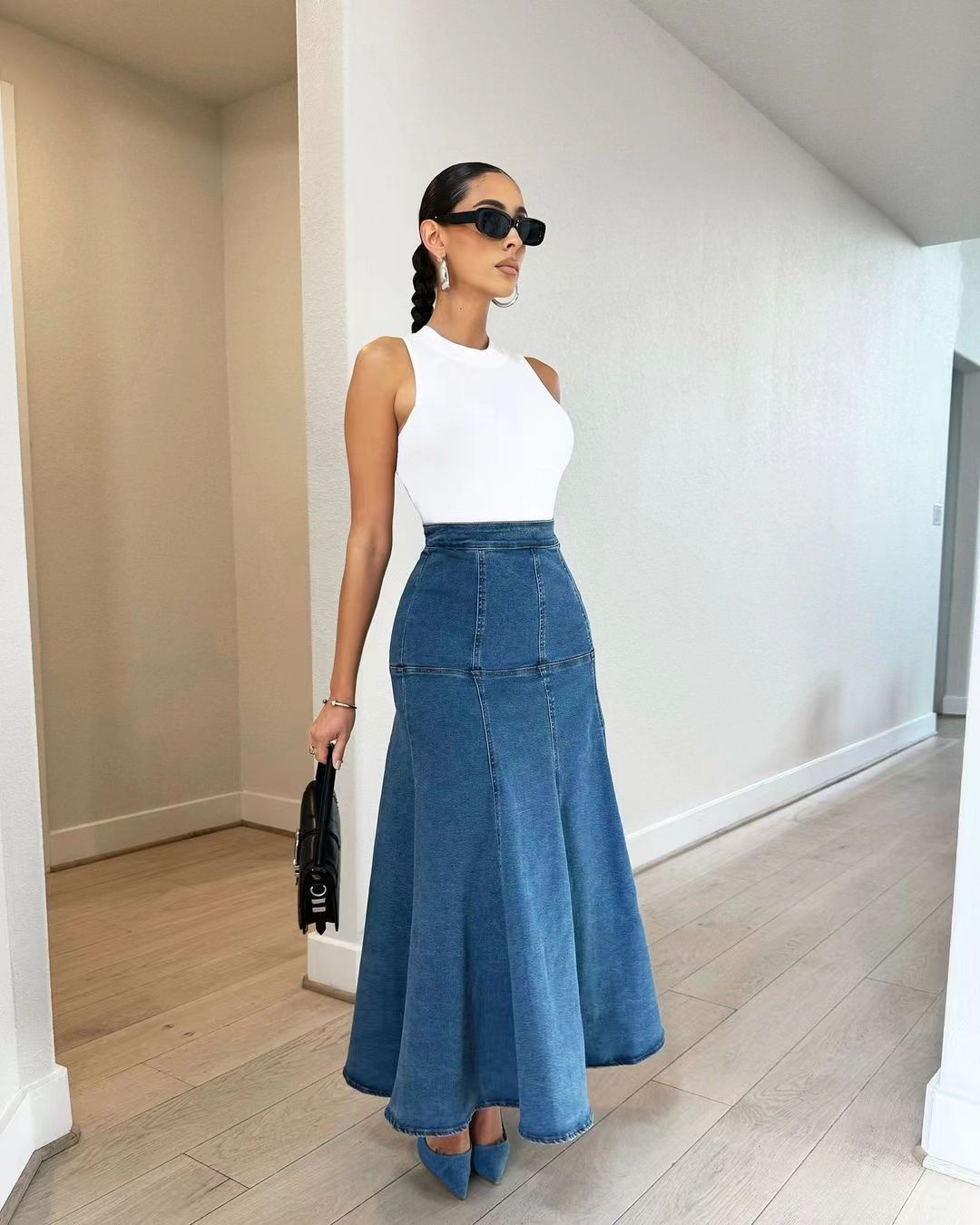 Flare asymmetric women denim skirt