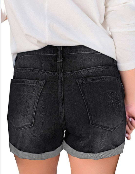 Ripped cuffed denim shorts