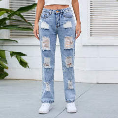 Washed Mid-Waist Ripped Jeans And Trousers
