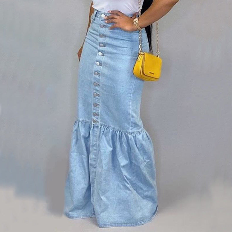 Slim Fit Light Blue High Waist Patchwork Ruffles Denim Skirts