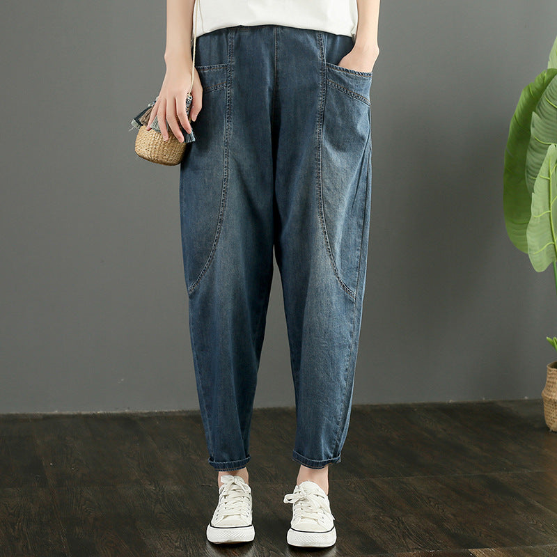 Style Blue elastic waist Pockets Cotton Denim harem Pants