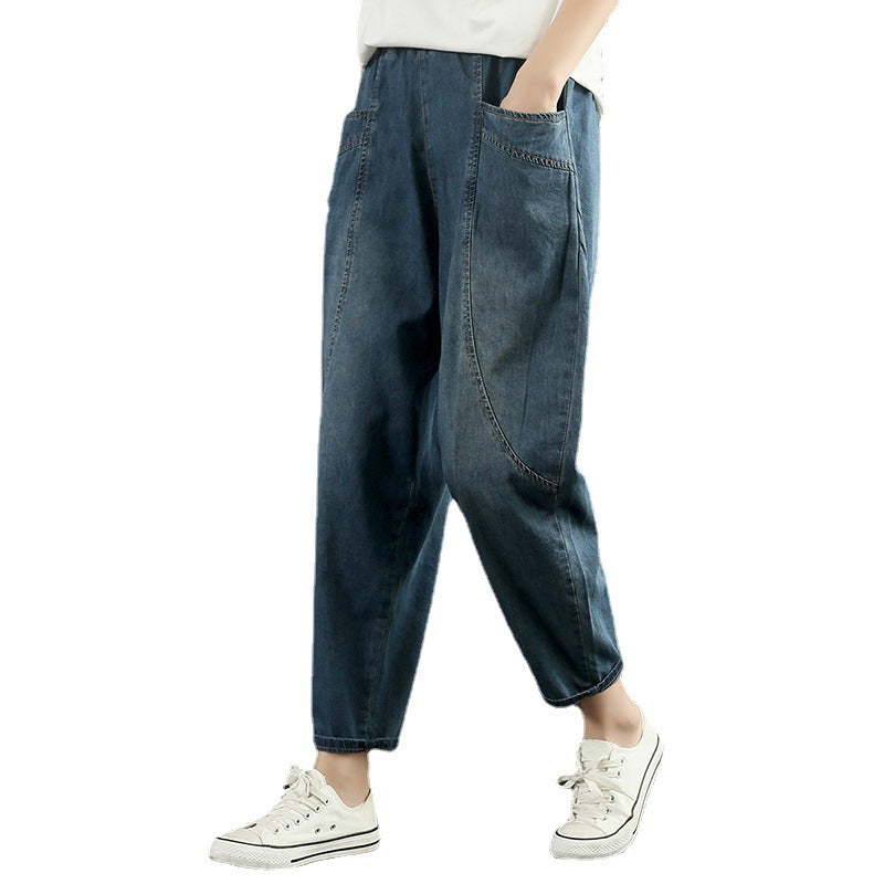 Style Blue elastic waist Pockets Cotton Denim harem Pants