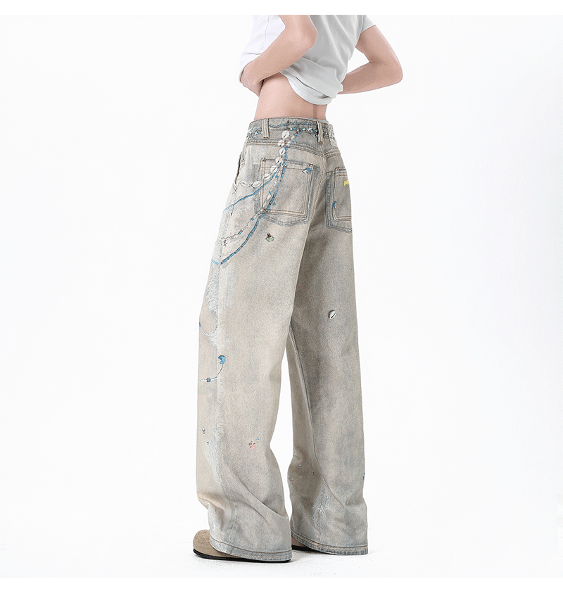 Ink-splattered straight-leg wide-leg trousers