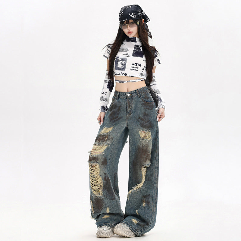 Ripped paint graffiti wide-leg jeans