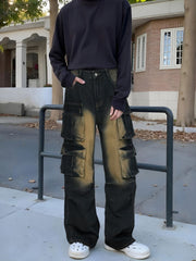 Loose straight-leg multi-pocket wide-leg jeans