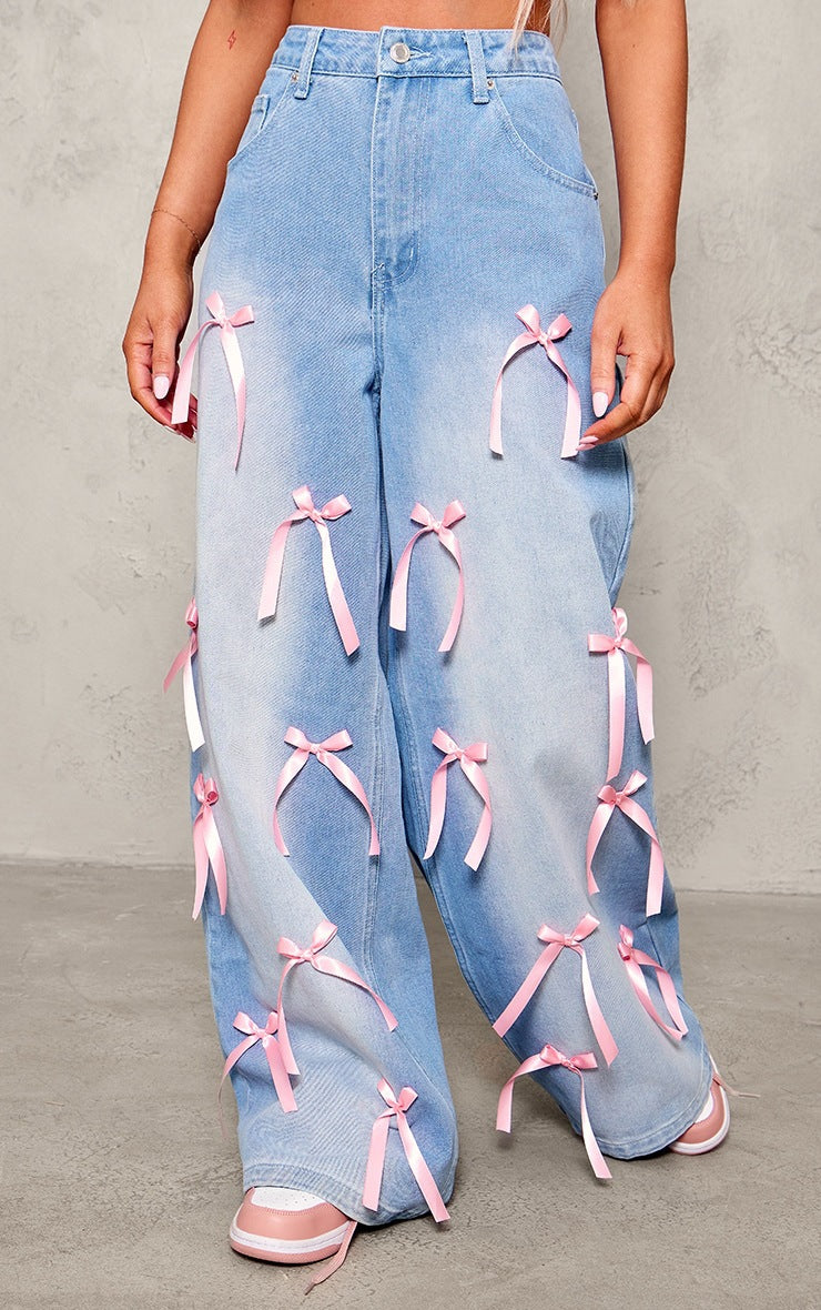 Bow high waist wide leg jeans