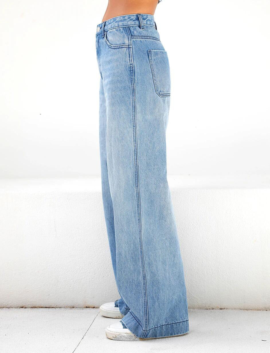 Blaue Y2K-Boyfriendjeans mit hoher Taille und weitem Bein