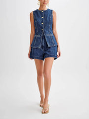 Spring And Summer Casual Sleeveless High-Waisted Denim Set
