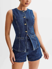 Spring And Summer Casual Sleeveless High-Waisted Denim Set