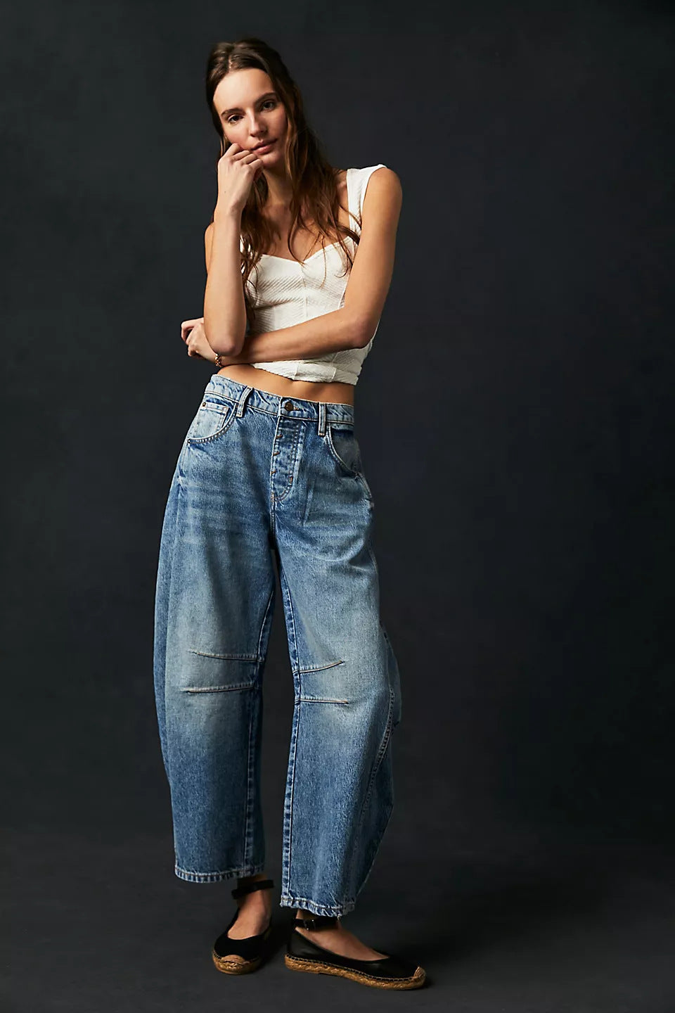 Casual Loose Wide-Leg Pants Mid-Waist Washed Denim Trousers