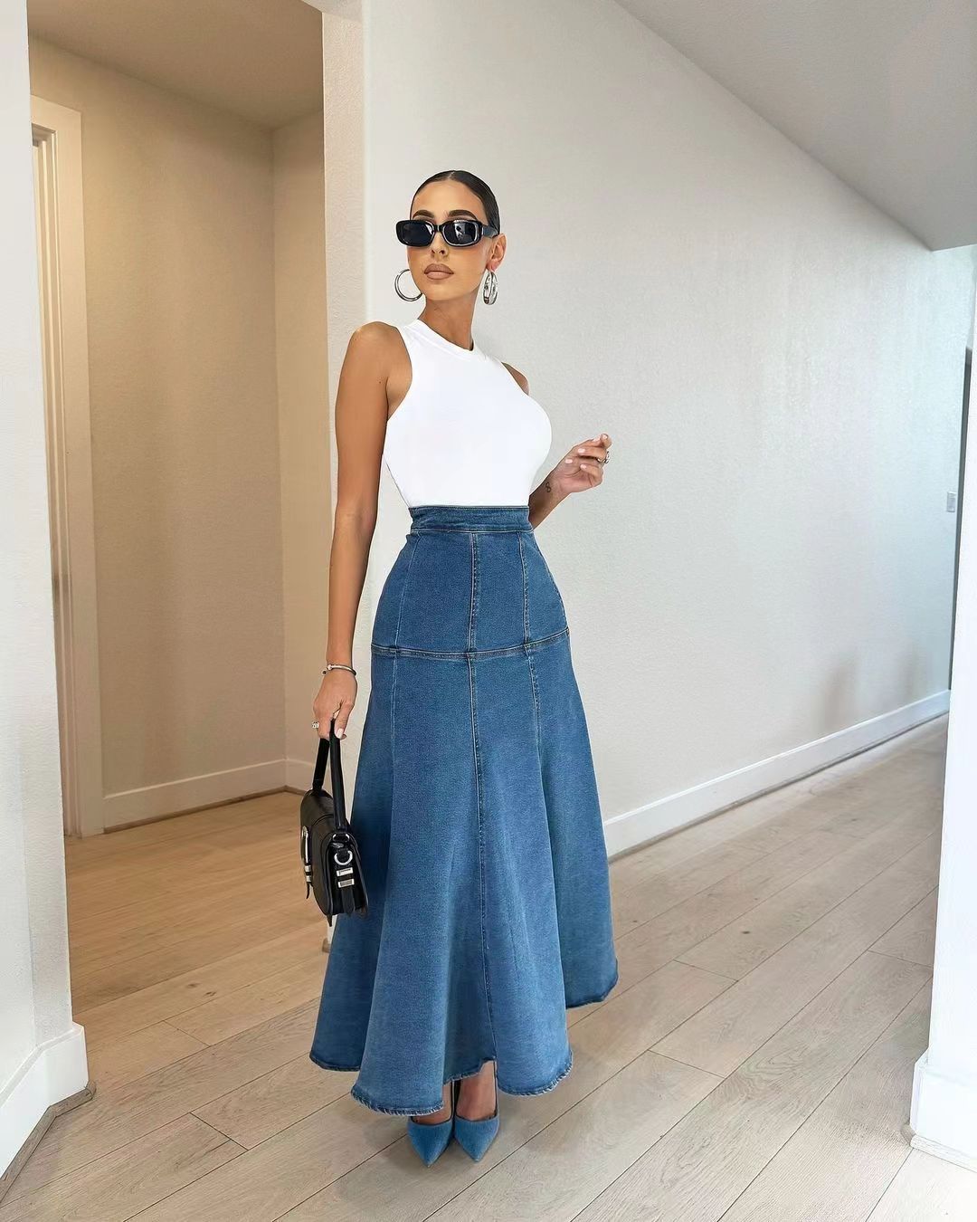 Flare asymmetric women denim skirt