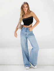 Blaue Y2K-Boyfriendjeans mit hoher Taille und weitem Bein