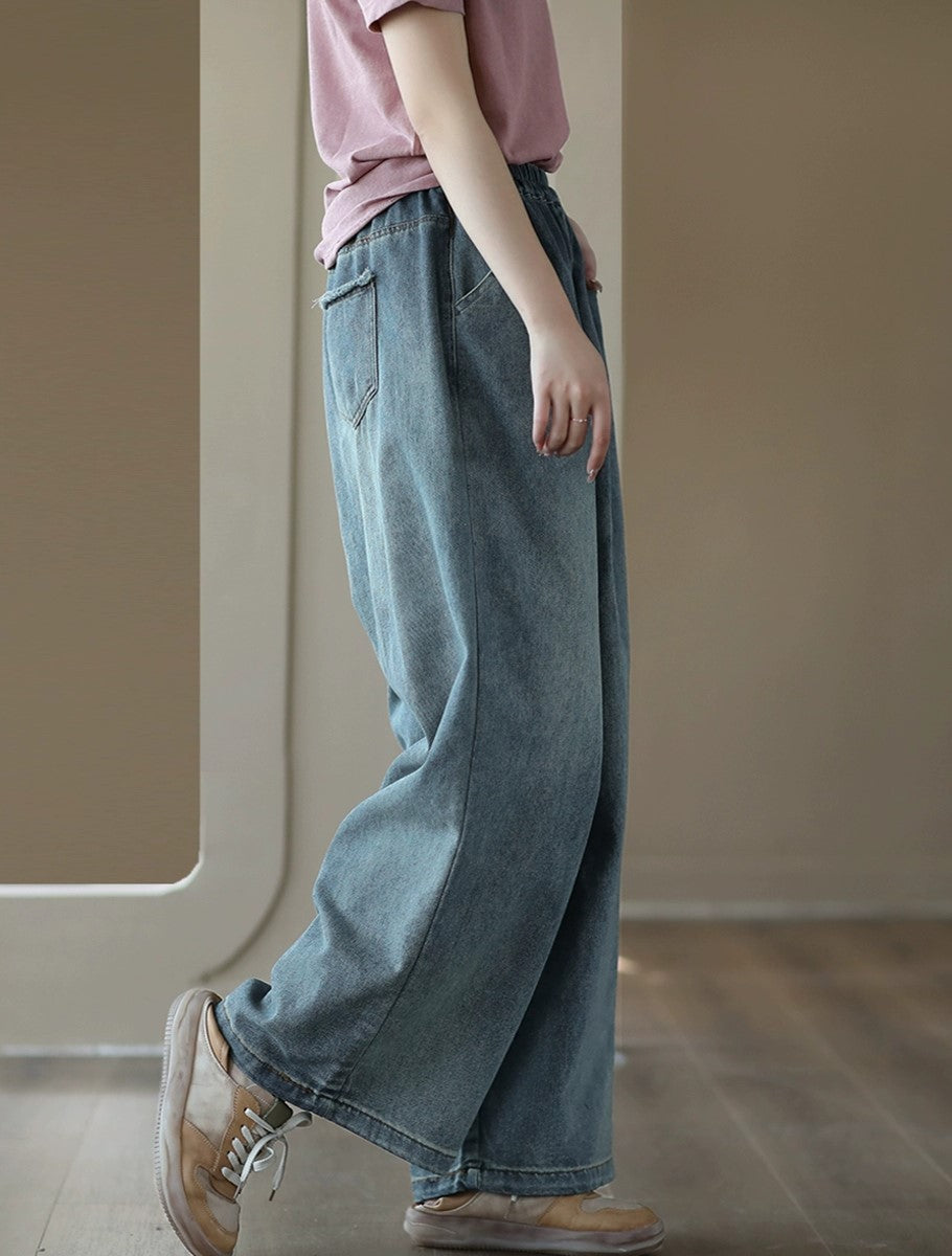 Denim Drawstring Pocket Wide Leg Jeans