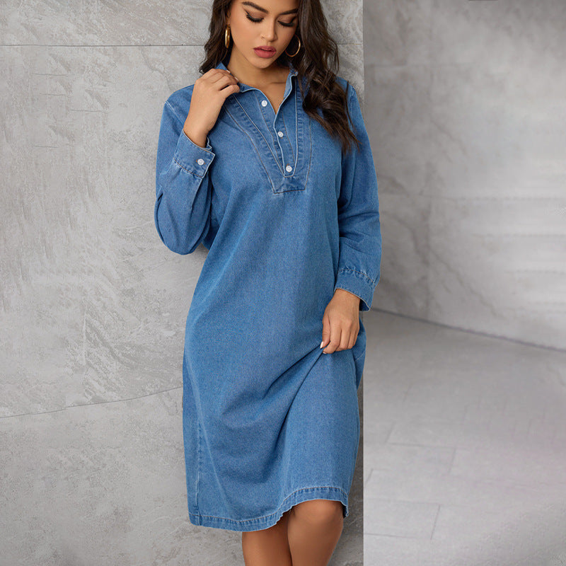 Blue Peter Pan Collar False Two Pieces Patchwork Denim Dresses Long Sleeve