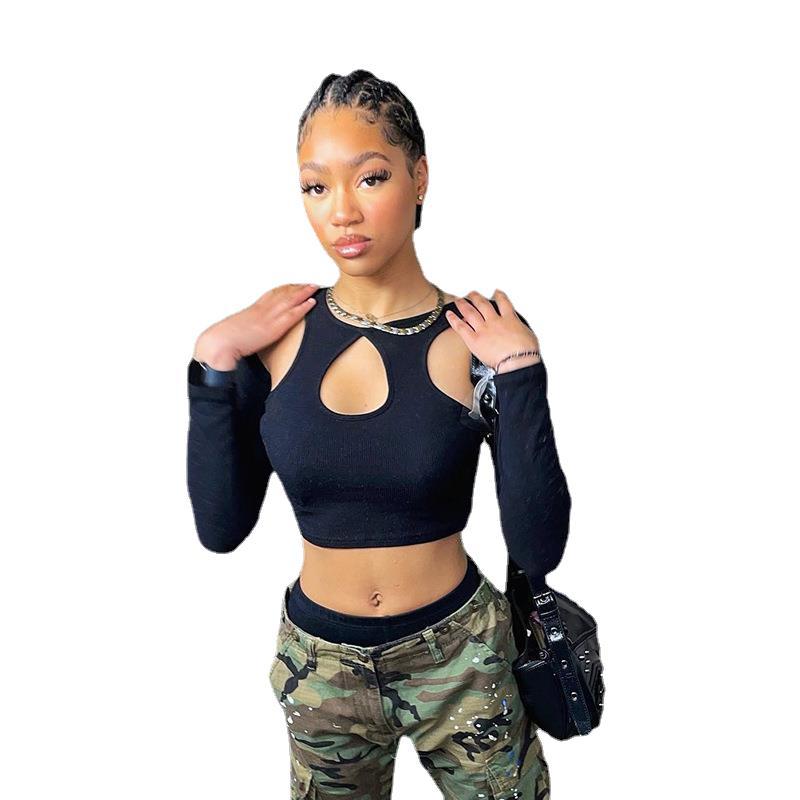 Long-Sleeved Cutout Umbilical Short T-Shirt Top