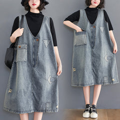 Elegant Blue V Neck Patchwork Denim Maxi Slip Dress Sleeveless