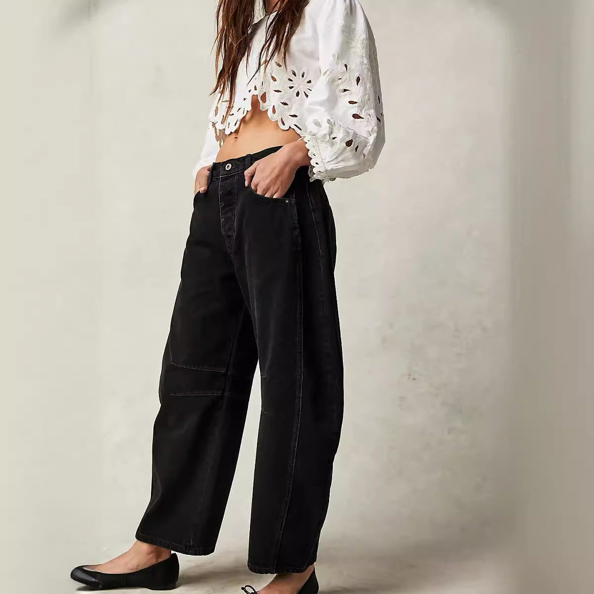 Casual Loose Wide-Leg Pants Mid-Waist Washed Denim Trousers