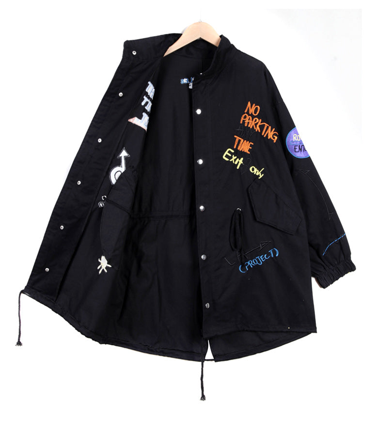 Modern Black Peter Pan Collar Zippered Fall Denim Long Sleeve Trench coats