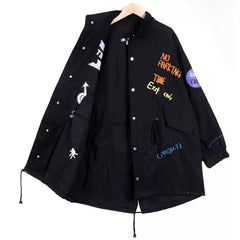 Modern Black Peter Pan Collar Zippered Fall Denim Long Sleeve Trench coats