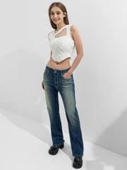 Jeans mit ausgestelltem Bein und Strass-Chrom-Herzen