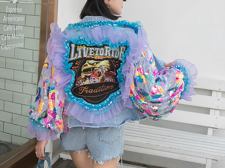 Chic Blue Ruffled Tulle Embroideried Patchwork Denim Jacket