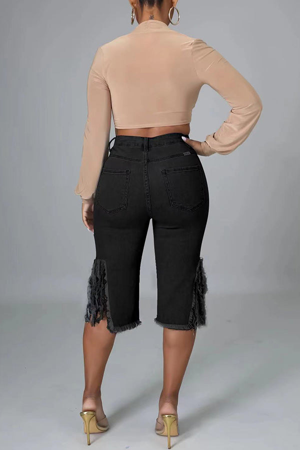 Fringed Hole Stretch Cropped Jeans