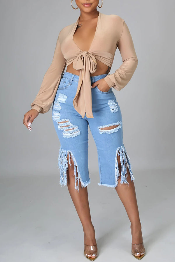 Fringed Hole Stretch Cropped Jeans