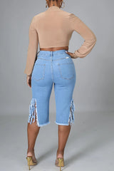 Fringed Hole Stretch Cropped Jeans