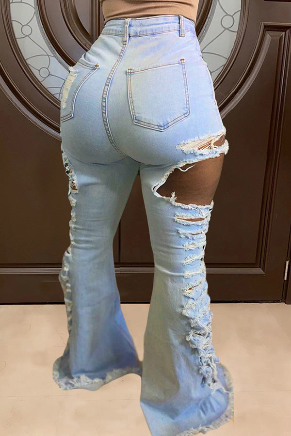 Fashion Sexy Ripped Washed High-elastic Flared Jeans