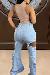 Fashion Sexy Ripped Washed High-elastic Flared Jeans