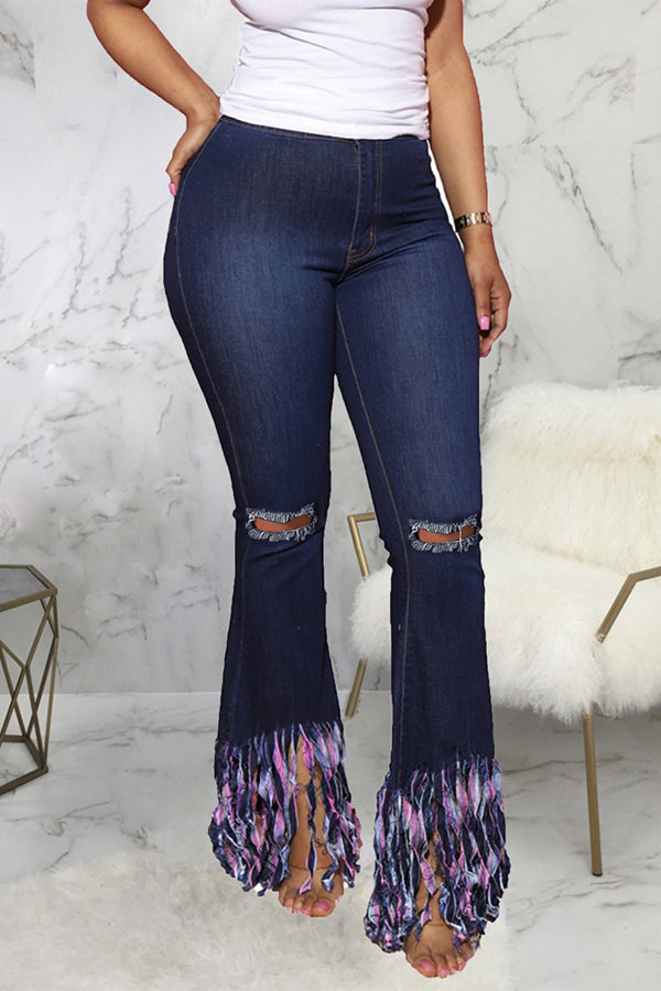 Fashion All-match Tie-dye Fringed Flared Stretch Jeans