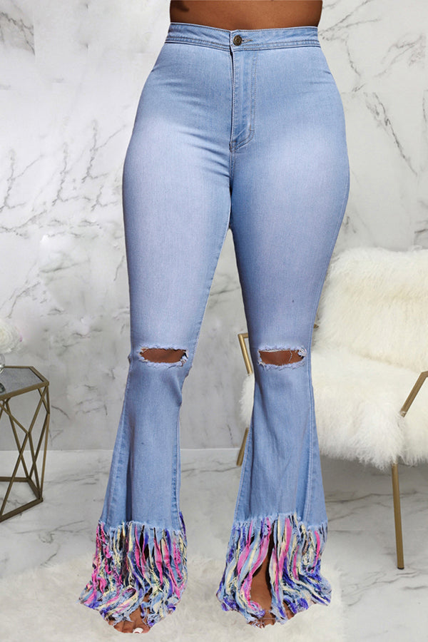 Fashion All-match Tie-dye Fringed Flared Stretch Jeans