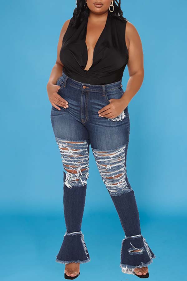 Fashion Plus Size High Rise Ripped Flared Jeans