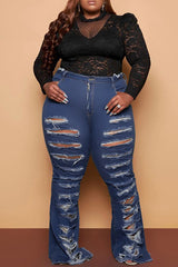 Personalized Plus Size Solid Color Ripped Flared Jeans