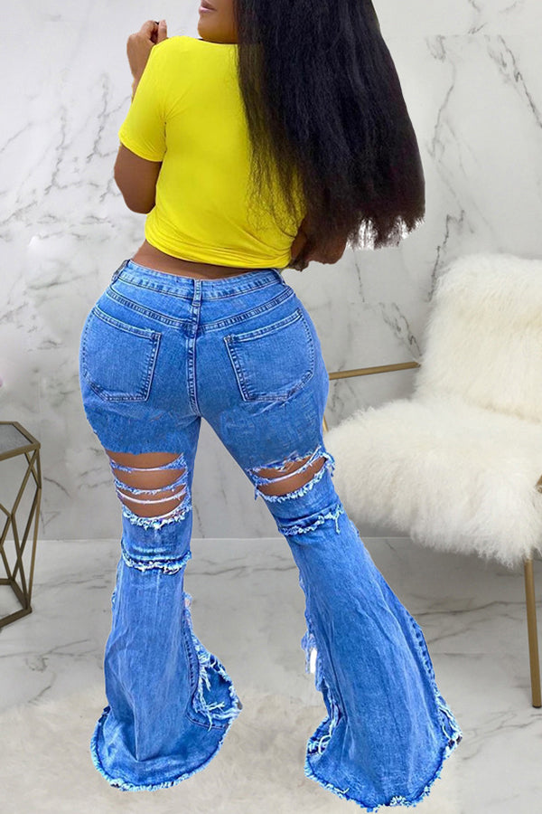 Fashion Stitching Ripped Frayed Flared Jeans