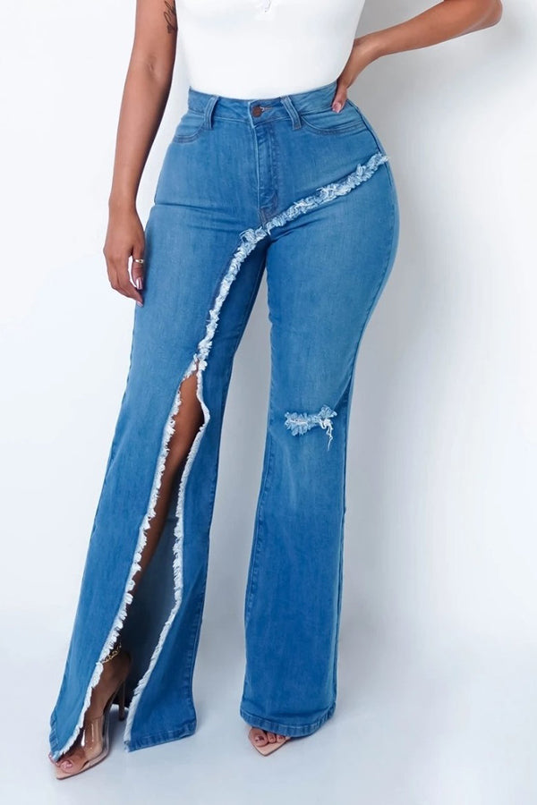 Personalized High Rise Irregular Slit Flared Jeans