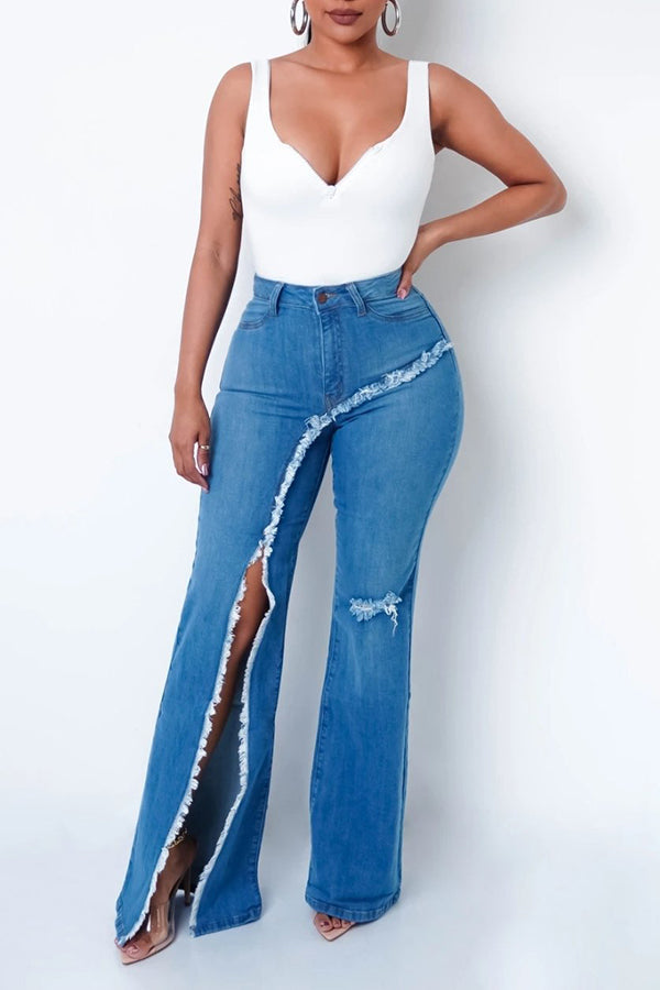 Personalized High Rise Irregular Slit Flared Jeans