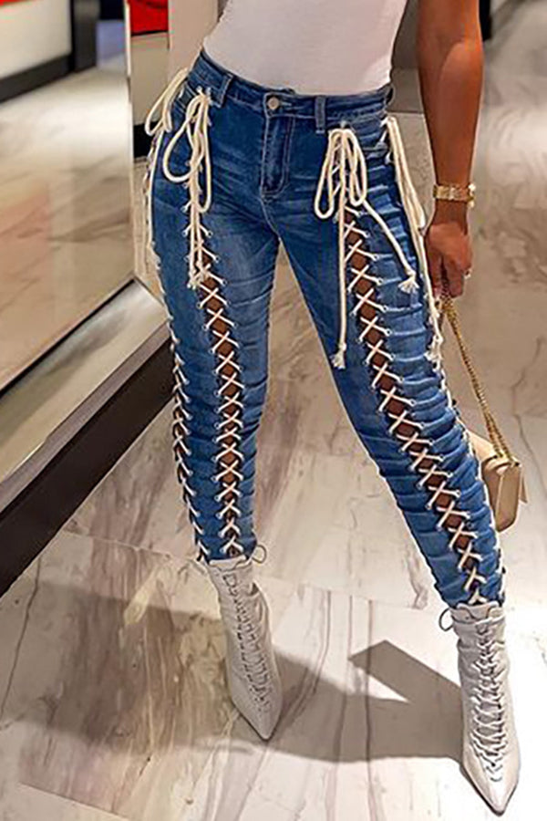 High Rise Lace Up Washed Denim Jeans